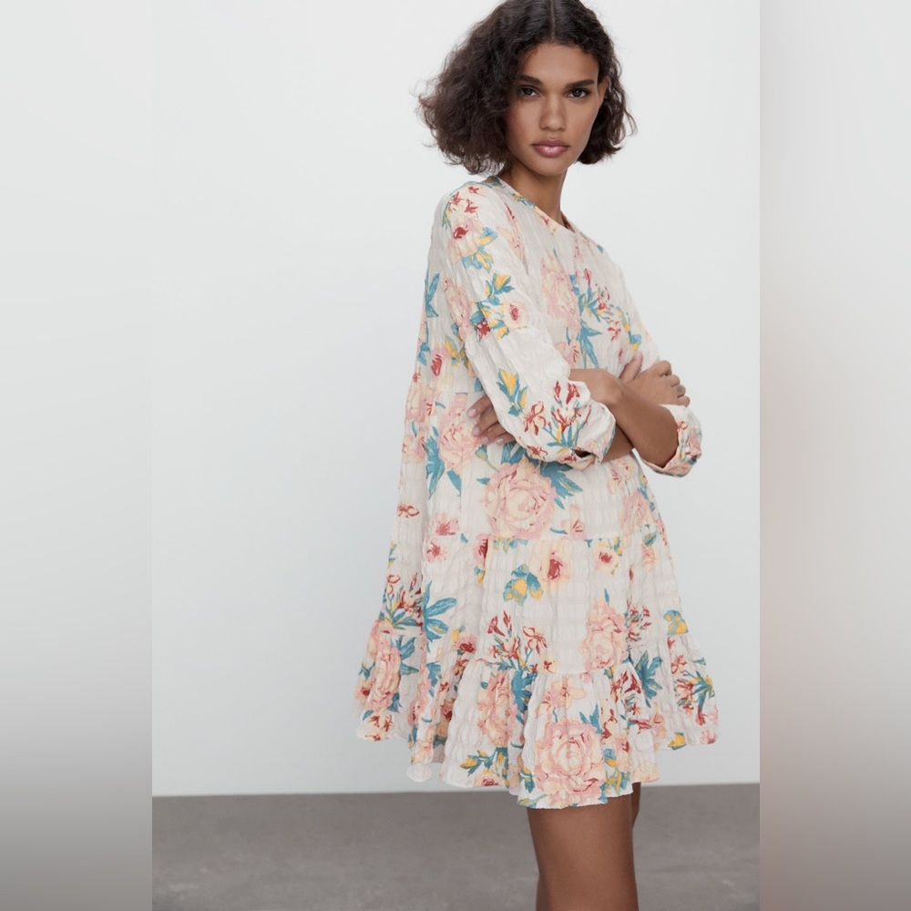 EUC Zara Rose Print, Shabby Chic 3/4 Sleeve Mini Dress, Babydoll, Size Small